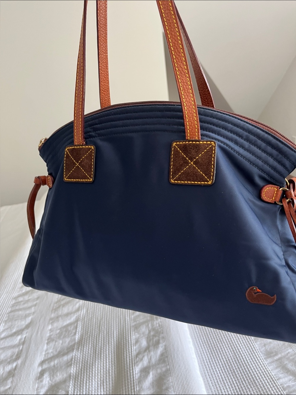 Dooney & Bourke Navy Shoulder Bag with Brown Leather Trim